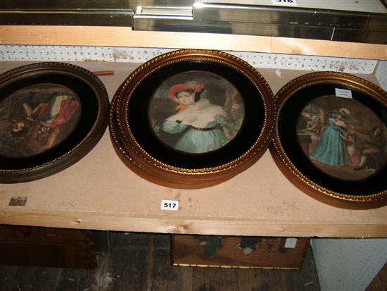 Set 4 19th century polychromatic prints of bucolic figures, in verre eglomise mounts